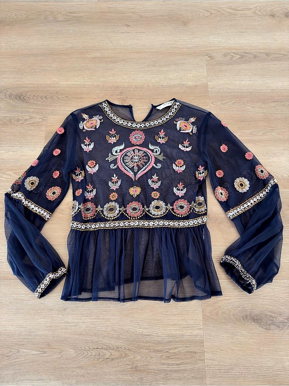 Zara Embroidered Long Sleeve Top in Blue